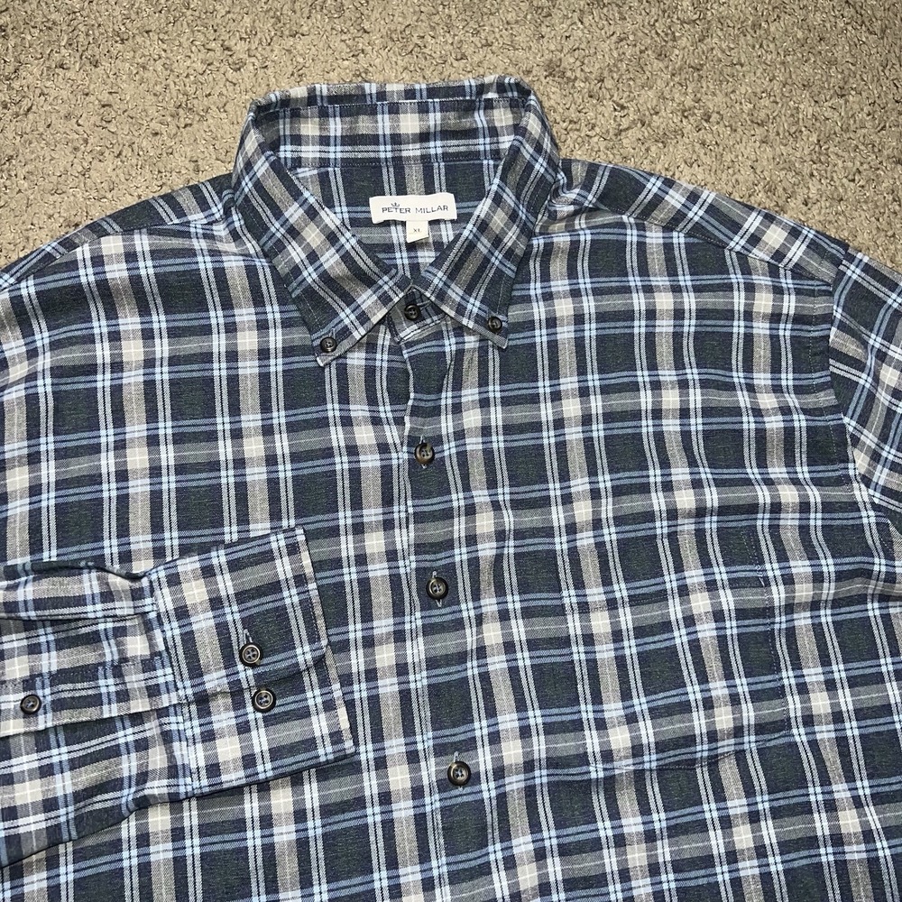 Peter Millar XL Blue Plaid Flannel Shirt Men's Long Sleeve Cotton Button Down
